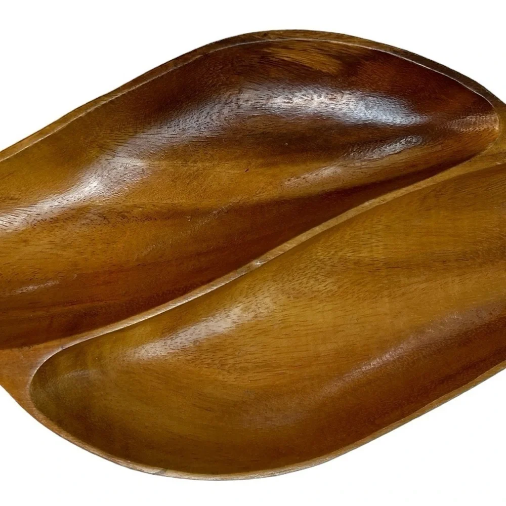 Vintage Monkeypod Wood Carved Divided Dish Serving Trinket Catch All Handmade